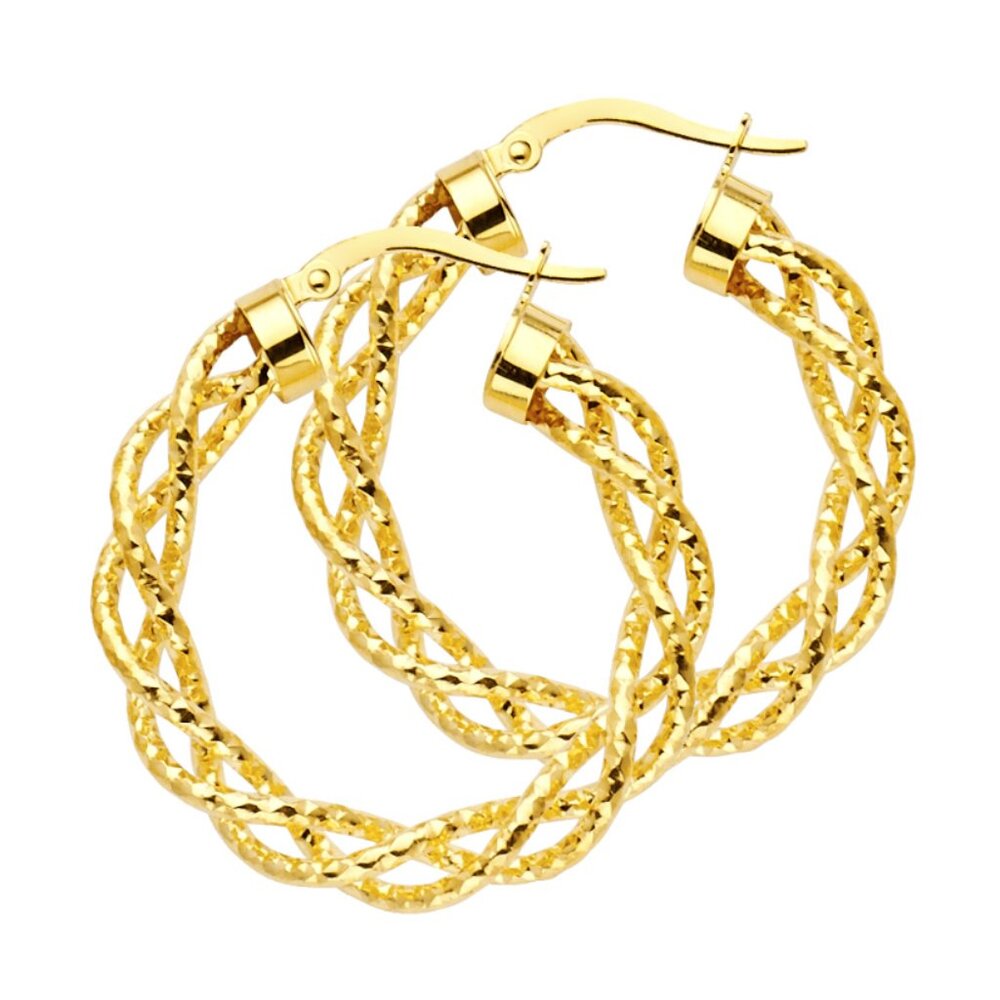 14KT Gold Braided Hollow Hoop Earrings 30mm